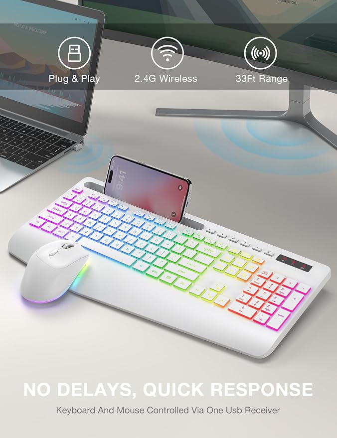 Wireless Keyboard and Mouse Combo - 9 Backlit Effects, RGB, 2.4Ghz | Ergonomic Wrist Rest, Phone Holder, Rechargeable, Full Size, KM22 MAX Silent Set for Computer, Laptop, Mac, Windows (White)