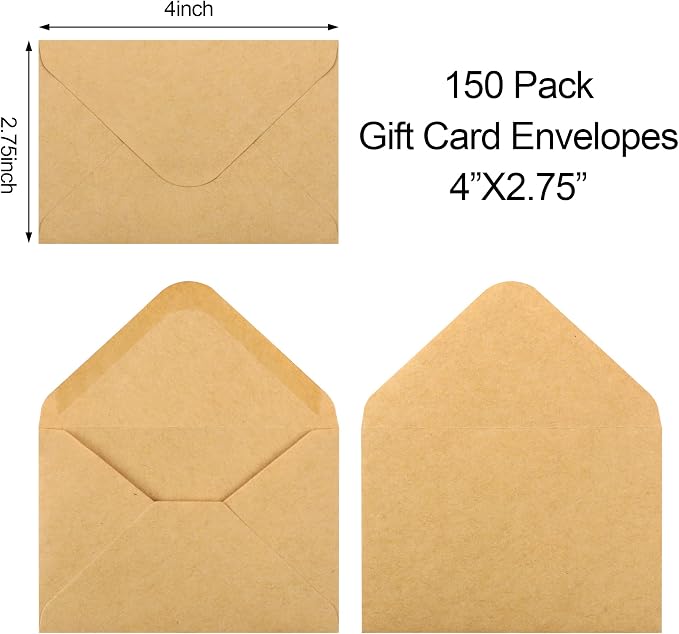 150 Pack Gift Card Envelopes, 4" x 2.75" Mini Envelopes, Brown Kraft Business Card Envelopes, Small Envelopes for Holidays, Weddings, Baby Showers, Birthdays Banquets