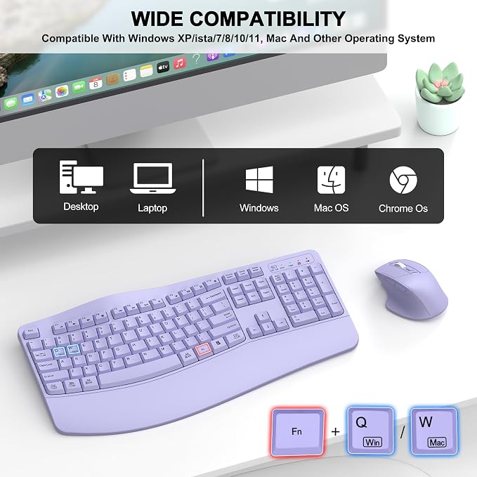 Wireless Keyboard and Mouse Combo, 2.4G Ergonomic Wave Keys(Purple) | Full Size Wave Keyboard with Wrist Rest, 3-Level DPI Adjustable Ergonomic Mouse for Windows and Mac OS Desktop/Laptop/PC