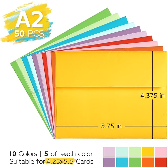 50 Pack A2 Colored Envelopes Self Seal, Goefun 4.375 x 5.75 Invitation Envelopes for 4.25 x 5.5 Cards, Printable for Photos, Invitations, Weddings, Graduation, Baby Shower