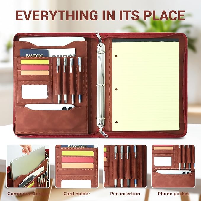 Western Embossed Faux Leather Zippered Padfolio with 3 Ring Binder, Executive Portfolio Organizer Binder for Women, Fits 13.9" Laptop/Tablet, Refillable Writing Pad Pocket, Red