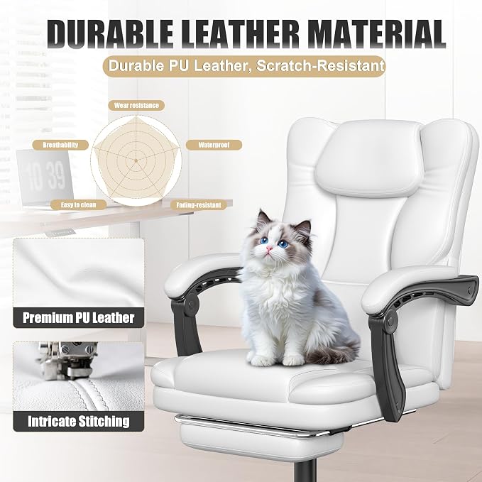 Ergonomic Office Chair with Foot Rest, 300 lbs Executive Leather Desk Chair | 90°-155° Reclining Computer Chair with Lumbar Support and Armrests, Adjustable Height Swivel Chair for Home Office Desk White