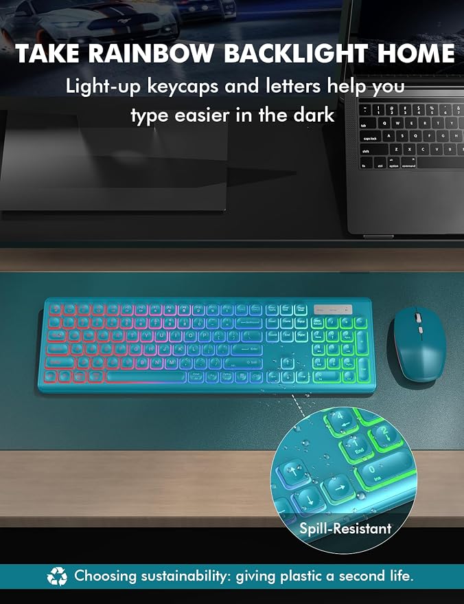 Wireless Keyboard and Mouse Combo with RGB Backlit, Rechargeable | Light Up Letters, Full-Size, Soft Typing, Sleep Mode, 2.4GHz Quiet Keyboard Set for Mac, Windows, Laptop, PC, Trueque KM42Pro