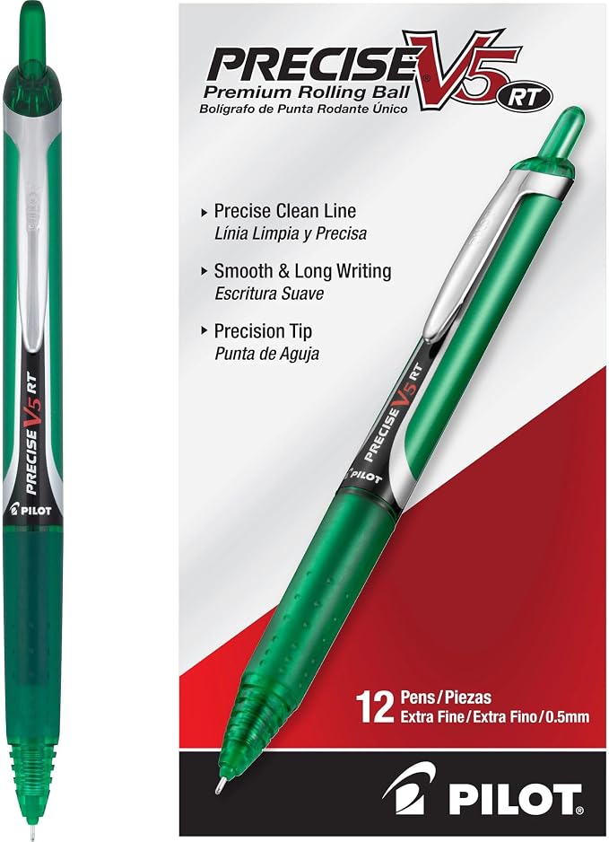 PILOT Precise V5 RT Rollerball Pens, Green, Pack of 12