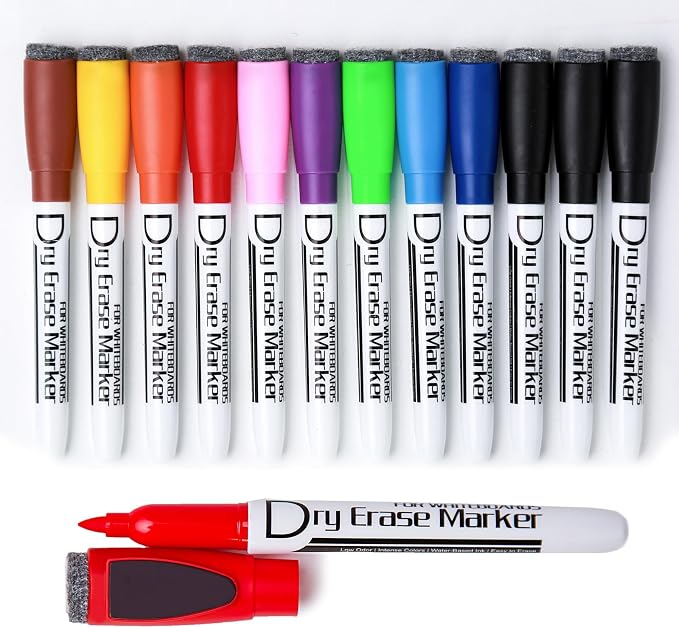 Volcanics Magnetic Dry Erase Markers, 1mm Fine Tip, 10 Colors, 12 Pack | Low Odor Whiteboard Pens with Magnetic Caps for Whiteboards, Glass, Calendars, Office, Classroom, School, Home