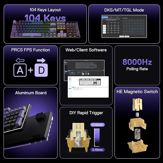 Redragon K556 104-Key Wired RGB Hall-Effect Rapid Trigger Gaming Keyboard | Rock-Solid Metal Build, 0.1mm Adjustable Actuation Magnetic Switch, Zero Input Delay, 8K Polling for FPS Games Pause & Shoot