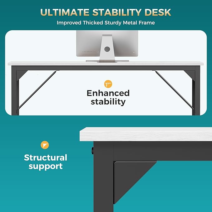 DUMOS 63 Inch Computer Desk for Home Office, Modern Study Work Table Simple Style for Bedroom, Large Writing Desks with Triangular Reinforcement, Wood White