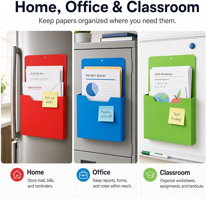 Magnetic File Holder, A4 Wall Organizer for Classroom Whiteboards (2PCS-B) | Large File Pocket for Teachers, Office and Home; Attaches to Fridges, Lockers, Cabinets and Other Metal Surfaces