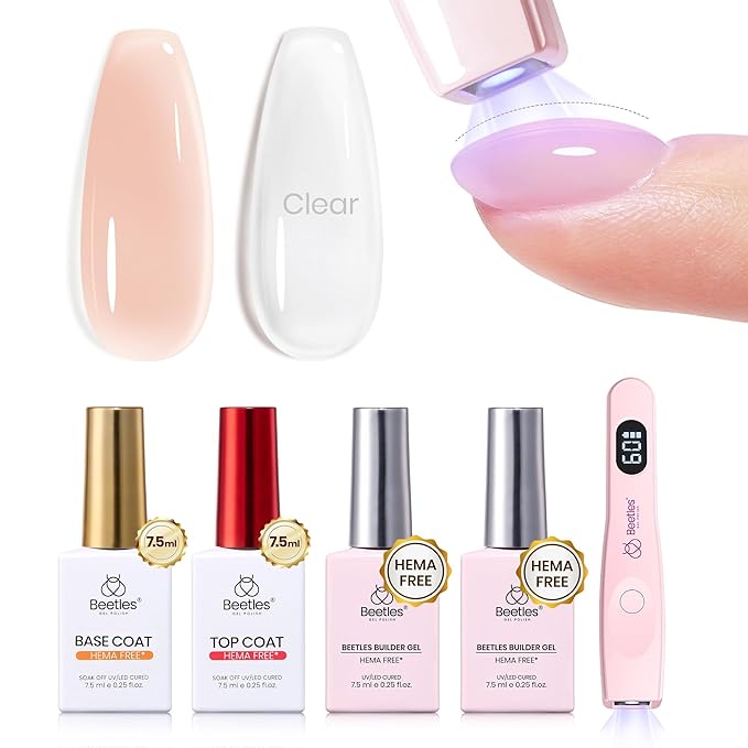 Beetles Builder Gel Nails Kit HEMA Free & Handheld Nail Lamp,8 in 1 Clear Natural Nude Building Gel with Base & Top Coat,for Nail Thickening Strengthening Building Apex for Beginner DIY Salon at Home