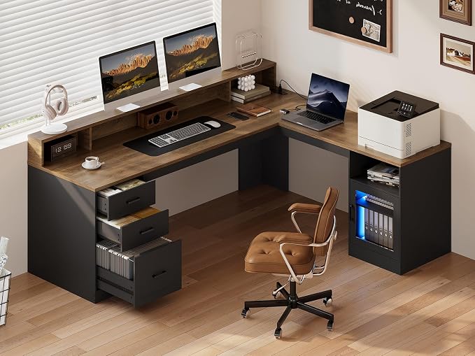 63" L Shaped Desk with Drawers, Corner Desk with File Cabinet | LED L Shaped Office Desk with Storage, Wooden L Shaped Executive Desk with Power Outlet & Monitor Stand, Black and Walnut