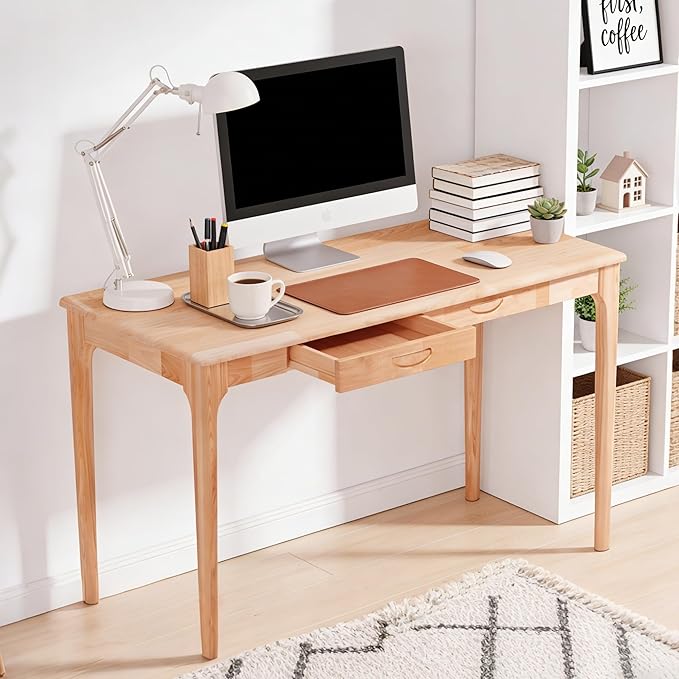 40" Solid Wood Desk with Drawers, Small Home Office Writing Wooden Desk, Gaming & Computer Desk for Bedroom, Work Study Table for Small Space(Beech,40Inch)