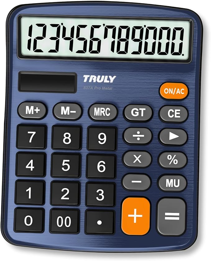 TRULY 12 Digits Desktop Calculator with Large LCD Display and Sensitive Button, Dual Solar Power and Battery, Standard Function for Office, Home, School, Metal Body, 837A Pro Blue
