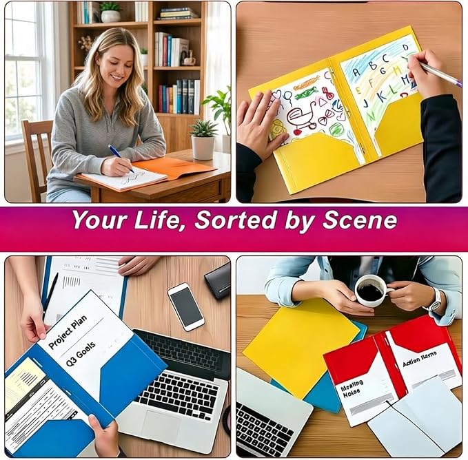 6 Pack Plastic Folders with Pockets and Prongs, 2 Pocket Folders with Fasteners, Heavy Duty Poly Folders with Brads for 3 Hole Punched Paper, File Folders for School Office Home Organization