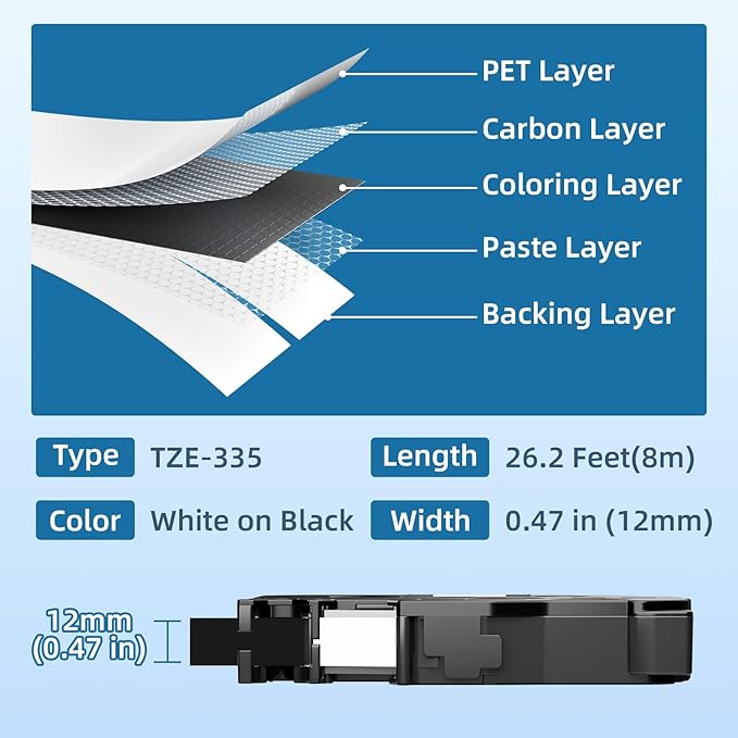 Label Maker Tape Black Replacement for Brother TZe-335 TZe335 Laminated P Touch Label Maker Tape White on Black TZe TZ 12mm 0.47 Laminated for Brother PT-D210 PT-D220 PT-H110 PT-D400 PT-D600, 4-Pack