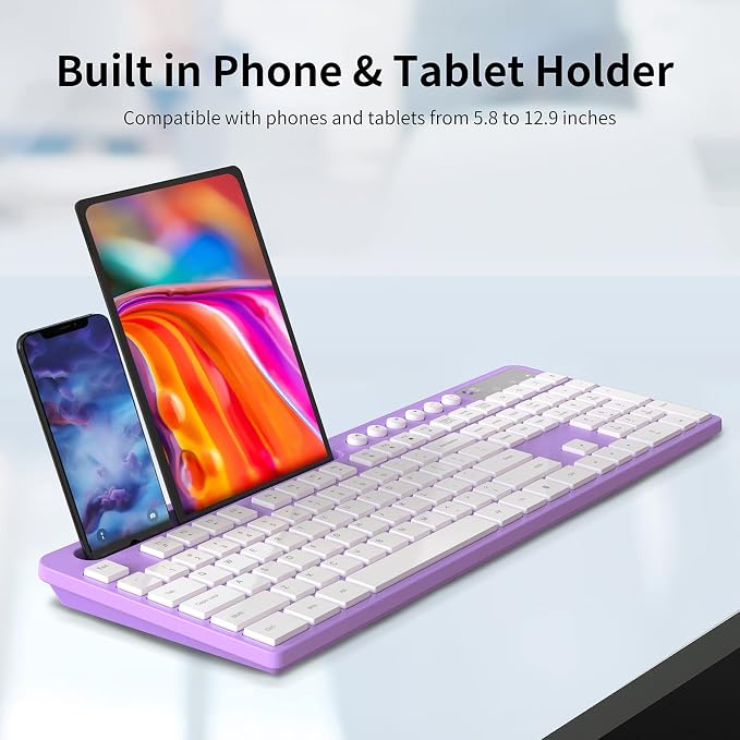 Wireless Keyboard and Mouse Combo, MARVO 2.4G Ergonomic Wireless Computer Keyboard with Phone Tablet Holder, Silent Mouse with 6 Button, Compatible with MacBook, Windows (Purple)