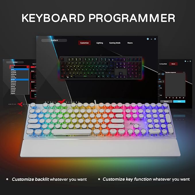 RK ROYAL KLUDGE S108 Typewriter Gaming Keyboard, Retro RGB Mechanical Keyboard, Full Size Wired Keyboards with Number Pad and Detachable Wrist Rest, Round Keycaps, Clicky Blue Switches White