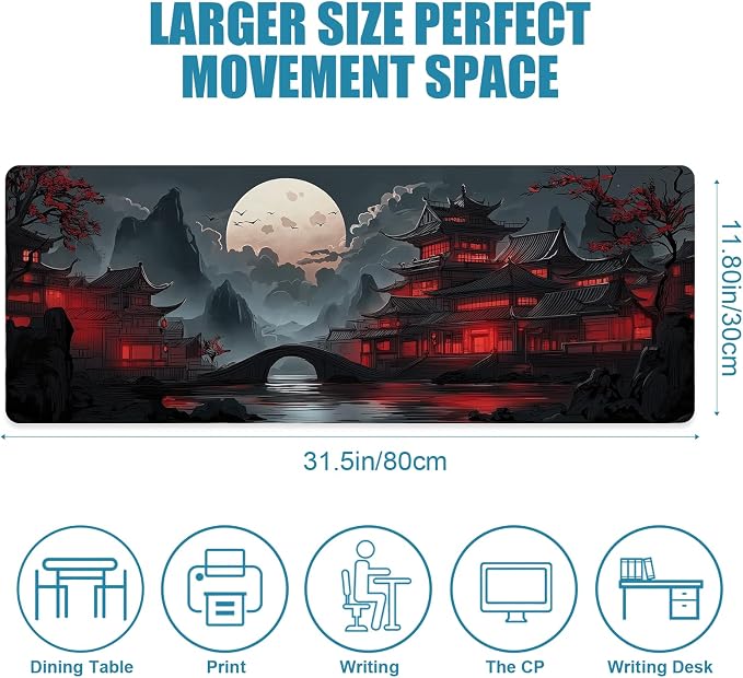 Gaming Mouse Pad, Large Desk Mat, Japanese XL Extended Big Mousepad with Non-Slip Rubber Base Stitched Edges, Laptop Computer Keyboard Mat, Office&Home, 31.5x11.8in