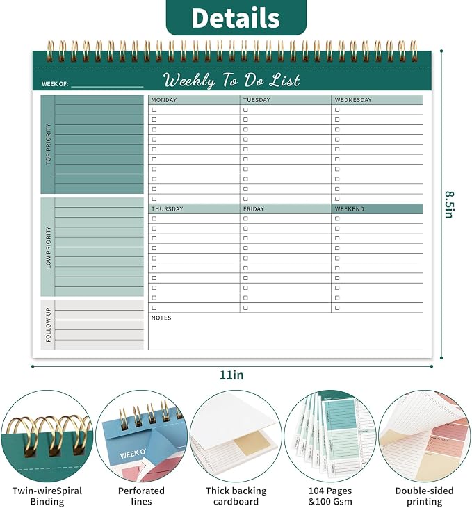 104 Pgs Weekly To Do List Notepad 52 Duplex-Printed Undated Sheets 100 GSM | （8.5"×11") Weekly Desk Planner For Work Home School Office Desk Accessories Supplies & Goal Setting Tasks - Green