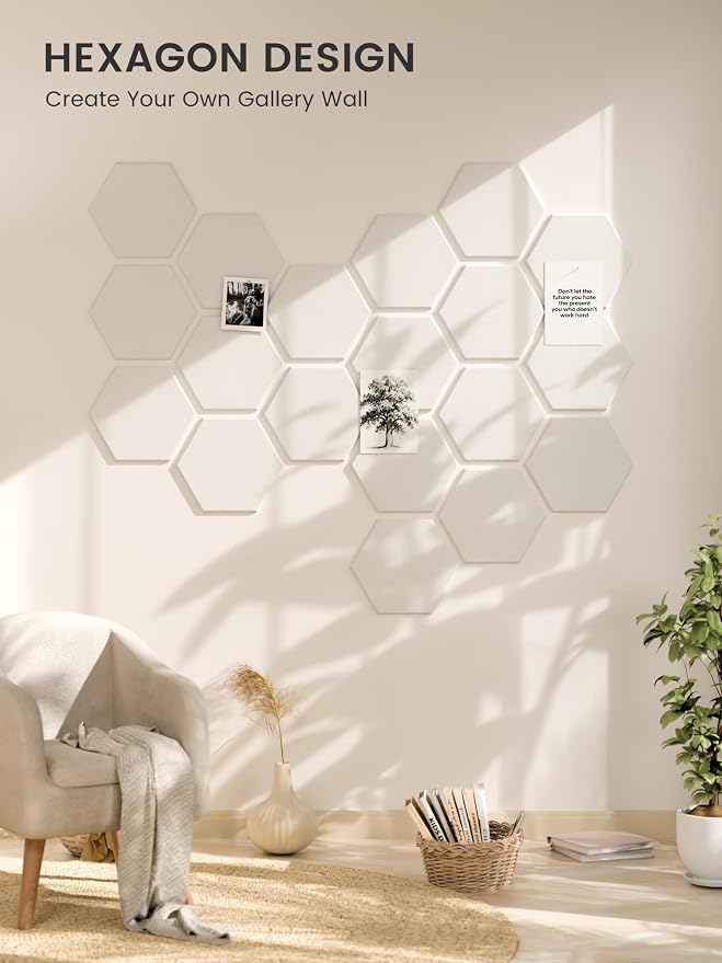 Fluxynara 8-Pack Hexagon Felt Bulletin Board Tiles, Milky White | Cork Board Alternative with 50 Adhesive Tabs for Notes, Photos and Reminders in Home Offices, Dorm and Classrooms