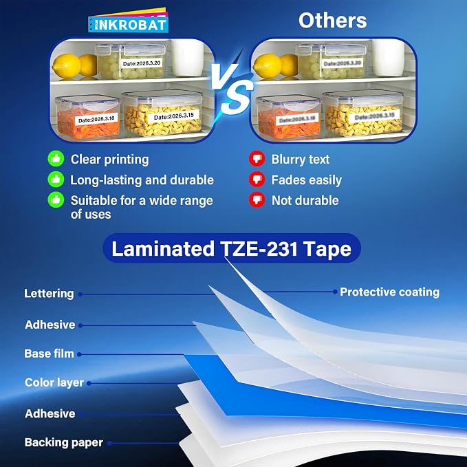 TZE-231 Label Maker Tape 12mm 0.47 Laminated Black on White Replacement for TZ TZE TZE231 1/2" x 8m Tape Cassette for Ptouch PT-D220 PTD220 D220 PT-D210 PTD210 PT-H110 PT-D200 PT-D400 D410 (10 Packs)