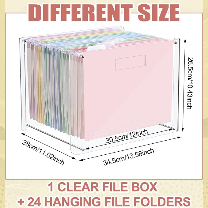 Dispowreath 24 Hanging File Folders Acrylic Desktop Organizer,Pastel | Clear Acrylic Box with Handles, Letter A4 Compatible, Colorful Tab Labels Included, for Classroom Office,Back to School