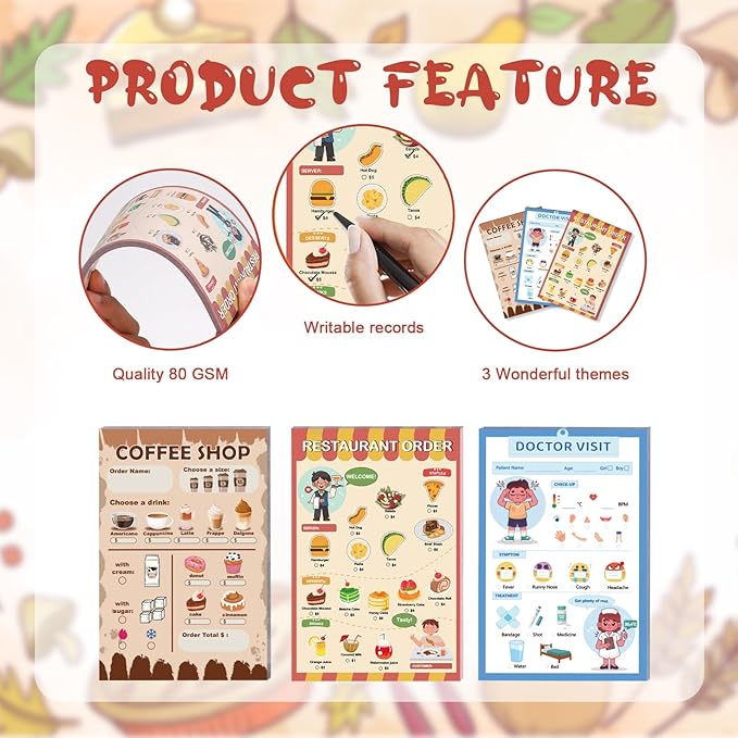 Kids Pretend Play Notepads 4X6 In Pretend Play Notebooks Playtime Notepads Variety Role Play Game Accessories Pages Each for Kids Toddlers 3-5(3,Colored)