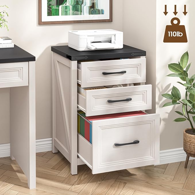 3 Drawer Vertical File Cabinet, Wood Farmhouse Cabinet, White and Black | Filing Cabinet Fits A4/Letter Size, Under Desk Small File Cabinets Printer Stand with Storage for Home Office
