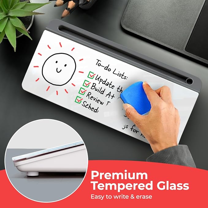 Chalkola Glass Desktop Whiteboard with Storage, Desk Dry Erase Board Buddy | Work Desk Organizers, Computer Keyboard Stand, Home Office Desk Accessories, Small White Board, Workspace Buddy + 3 Markers
