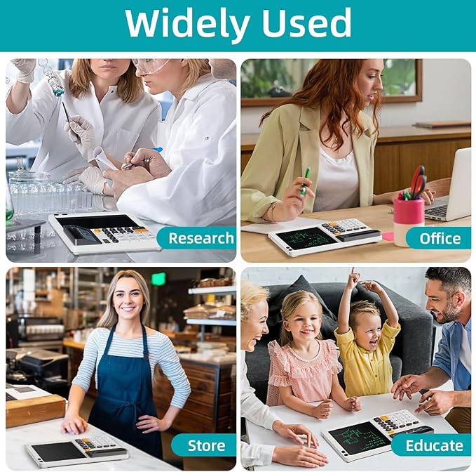 Solar Desk Calculator with 7.5 inc LCD Writing Membrane, 15° Tilt for Easy Reading, Integrated Phone Stand, Voice & Silent Modes, Anti-Slip Pads for Stability, Ideal for Office & Study Use