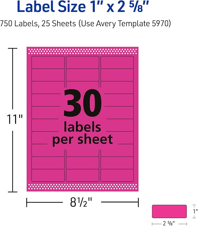 Avery Printable Address Labels with Sure Feed, 1" x 2-5/8", Neon Magenta, Laser & Inkjet Compatible, 750 Blank Labels Total, Great for Branding, Mailing, Organizing, and More (5970)