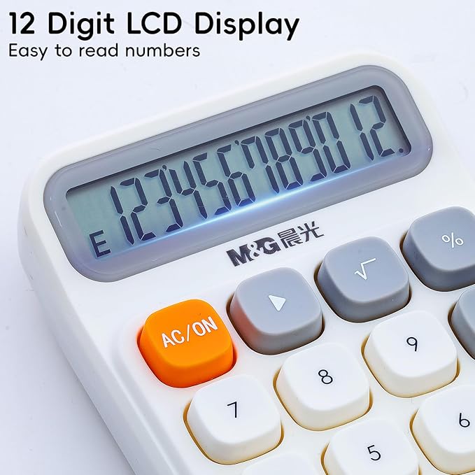 M&G Mechanical Switch Calculator, 12 Digits, Large LCD Display and Big Buttons, Cute White Desktop Calculator for Office, Home, School (Battery Included)