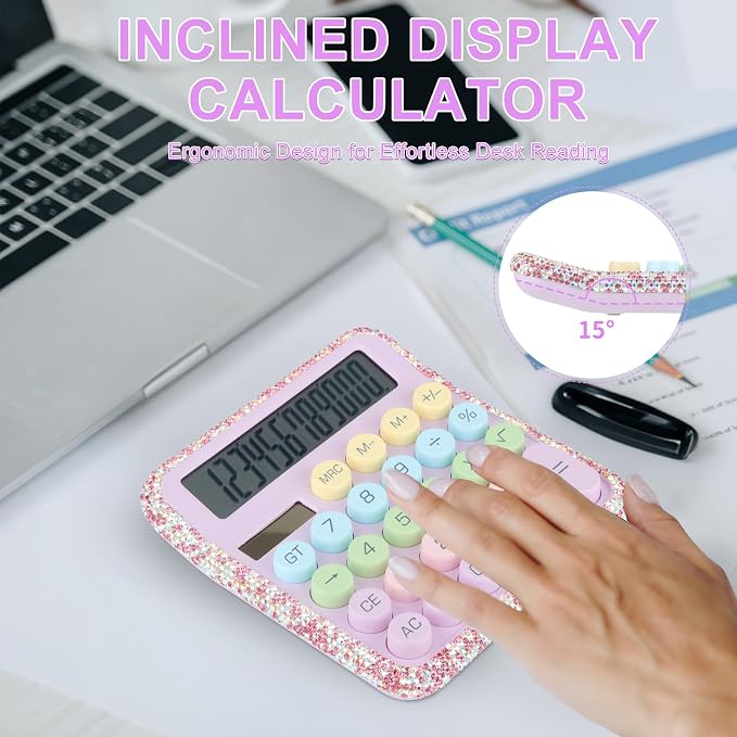 Bling Crystal Colorful Standard Calculator with 12 Digit Display and Big Buttons,Suitable for Office,School,Home & Business Use (Pink)