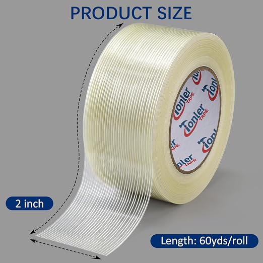 Filament Strapping Tape 2" x 60Yd 2 Rolls Fiberglass Reinforced | Heavy duty fiberglass reinforced strapping tape for shipping, pallet securing and industrial bundling