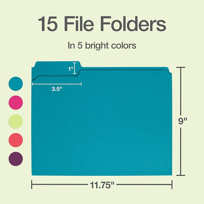 Oxford Colored File Folders, 15 Pack, 3 Tabs, 5 Bright Colors, Letter Size (8.5" x 11"), Color-Coding for School, Office & Home Document Organization
