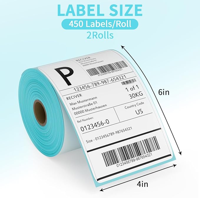 2 Rolls 4x6 Thermal Labels, 900 Labels,Direct Shipping Labels for Zebra & Rollo Label Printer, Strong Adhesive, White Thermal Printer Label, 450Pcs/Roll