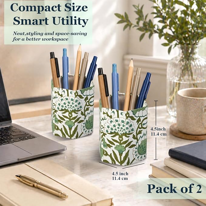 CPC Agate Green Block Print Cotton Pen Holder Set of 2 | Boho Makeup Brush Holder Floral Pencil Cup Girls Kids Durable Stand Desk Organizer Storage Floral Office Supplies, Classroom