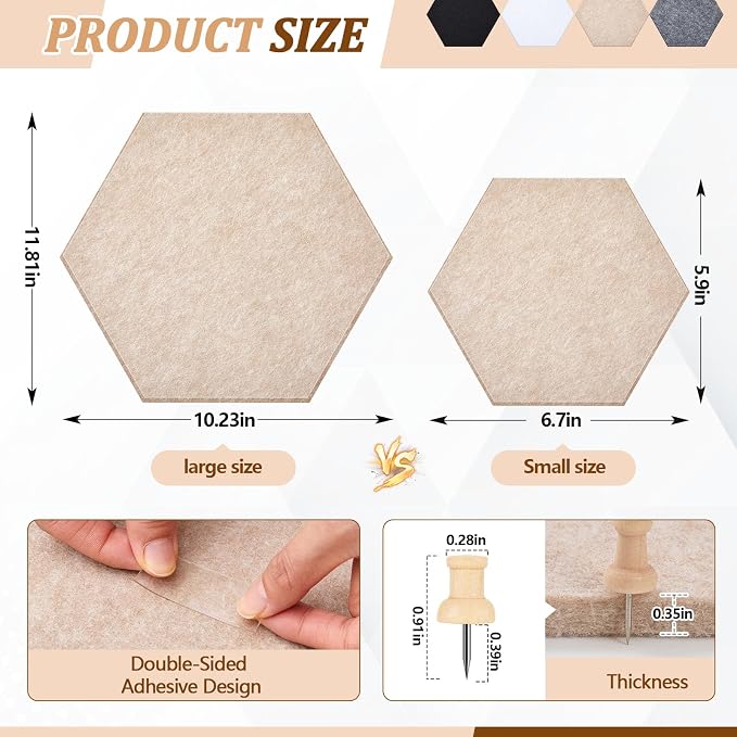 12x10 in 16 Pcs Hexagon Cork Board Tiles with 50 Wooden Push Pins, Cork Boards for Wall, Felt DIY Tiles with Nano Tape, Pin Board for Office Classroom Home Photo Memo Note (Classic)