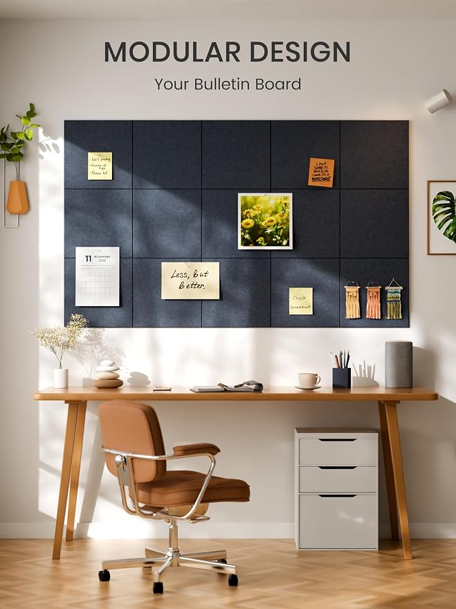 Bumusty 48" x 36" Large Cork Board Alternative, Deep Charcoal Blue | 12-Pack Felt Bulletin Board Tiles, 60 Adhesive Tabs, 30 Pushpins, Home, Office, Classroom, Vision Board