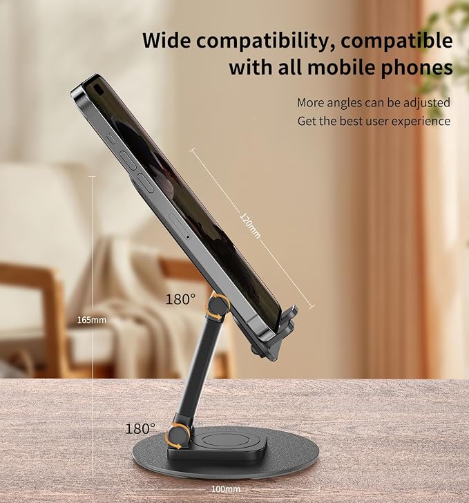 360° Rotating Cell Phone Stand for Desk (Black, K39B) | Adjustable & Foldable Phone Holder, Aluminum Desktop Phone Stand with Anti-Slip Base, Phone Holder for Desk