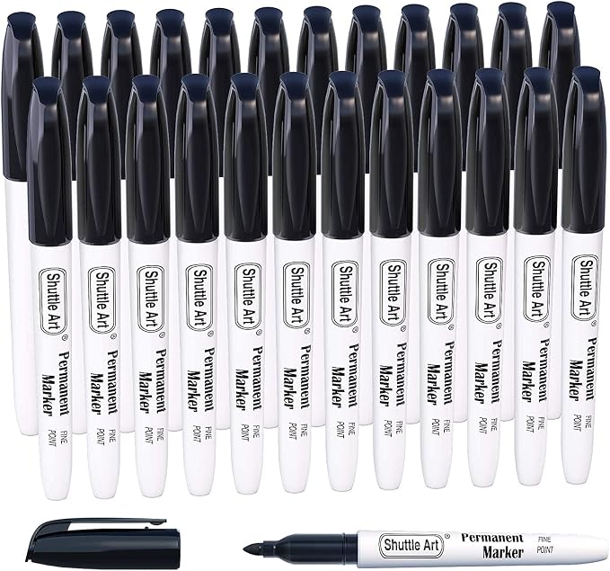 Shuttle Art Permanent Markers Black, Pack of 24 Fine Point Permanent Markers, Black Ink, Permanent Marker Works on Plastic, Wood, Stone, Metal, Glass for Marking