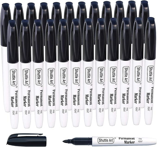 Shuttle Art Permanent Markers Black, Pack of 24 Fine Point Permanent Markers, Black Ink, Permanent Marker Works on Plastic, Wood, Stone, Metal, Glass for Marking
