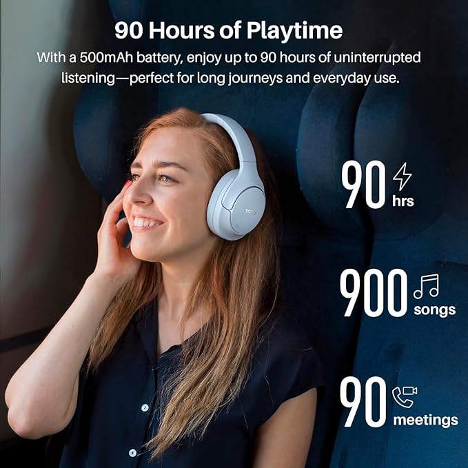 TOZO HT3 Hybrid Noise Cancelling Headphones, 90H Battery Life Wireless Over Ear Bluetooth 6.0 Foldable Headset, AI Voice Assistant with 5 Mics, Connect 2 Devices and Hi-Res Sound, 32 EQ Audio Presets
