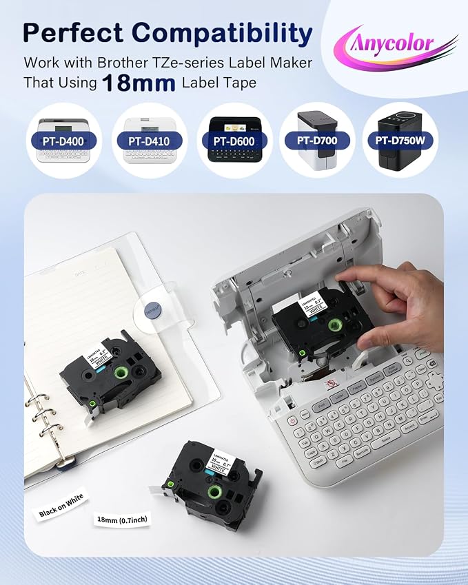 Anycolor TZe-241 TZ Tape 18mm Laminated White Label Maker Tape | Replace for Brother P Touch 3/4'' (0.7") Tape TZe241 for Brother Ptouch PT-D400 D410 D600 D610BT D460BT Refills, 5-Pack