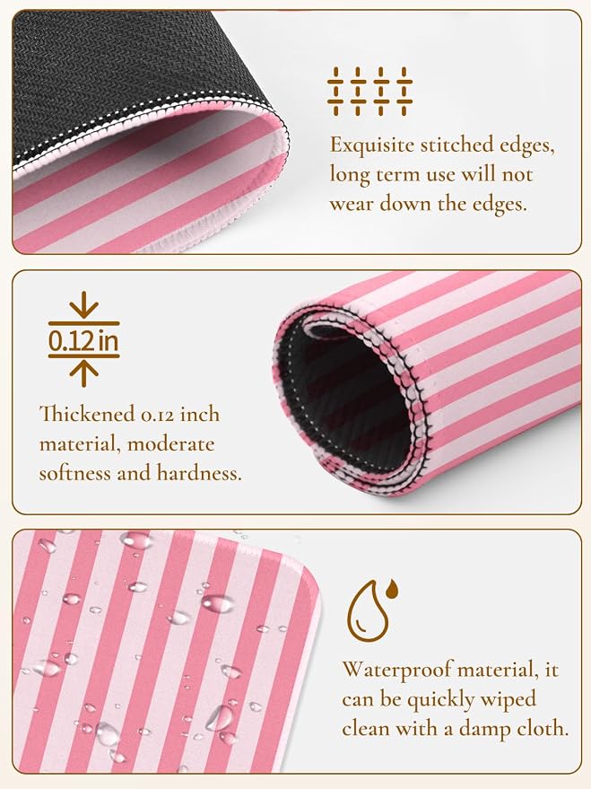 Square Cute Striped Mouse Pad with Stitched Edge, Premium Waterproof Cloth Aesthetic Small Mouse Mat, Non-Slip Rubber Base Simple Funny Mousepad Desk Accessories,Rose Pink