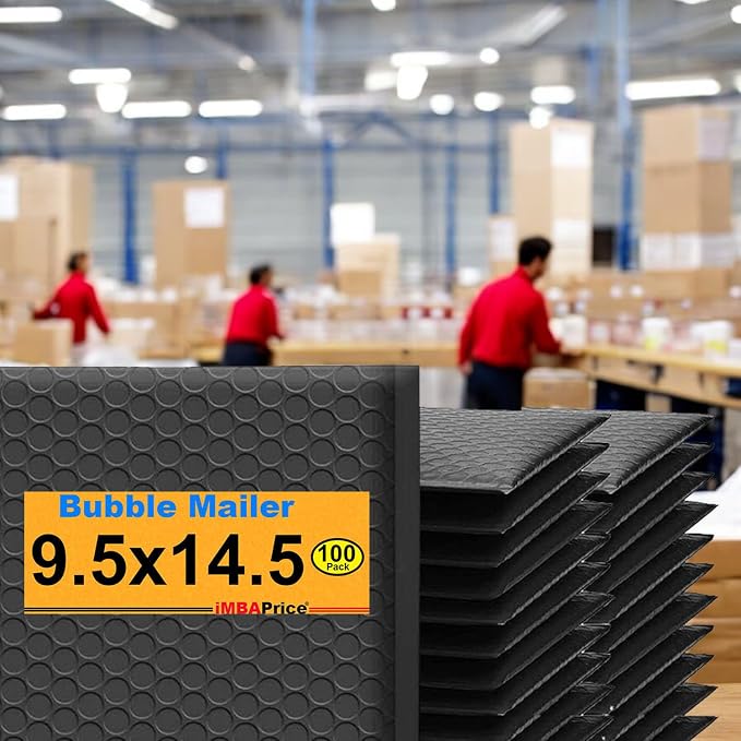 iMBAPrice 9.5x14.5 Inch Black Poly Bubble Mailers, 100-Pack | Medium-Large Padded Shipping Envelopes, Self-Seal Adhesive, Waterproof, For Electronics & Accessories
