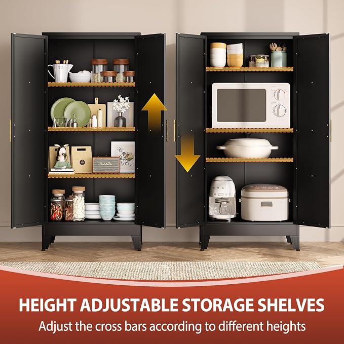 PAOFIN 61" H Kitchen Storage Cabinet with Doors | Freestanding Pantry Cabinet,Farmhouse Food Storage Cabinets,Tall Cabinets for Kitchen, Dining Room, Living Room(Black)