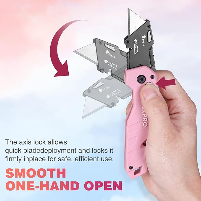 WORKPRO Folding Utility Knife, Quick Change Box Cutter, Pink Razor Knife for Cartons, Cardboard, Boxes, 10 Extra Blades Included - Pink Ribbon