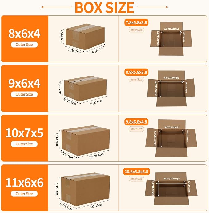 Hoikwo 20 Packs Shipping Boxes Mixed Sizes | 5 PCS Each of 11x6x6, 10x7x5, 9x6x4, 8x6x4 Brown Cardboard Box for Small Business Packaging and Mailing
