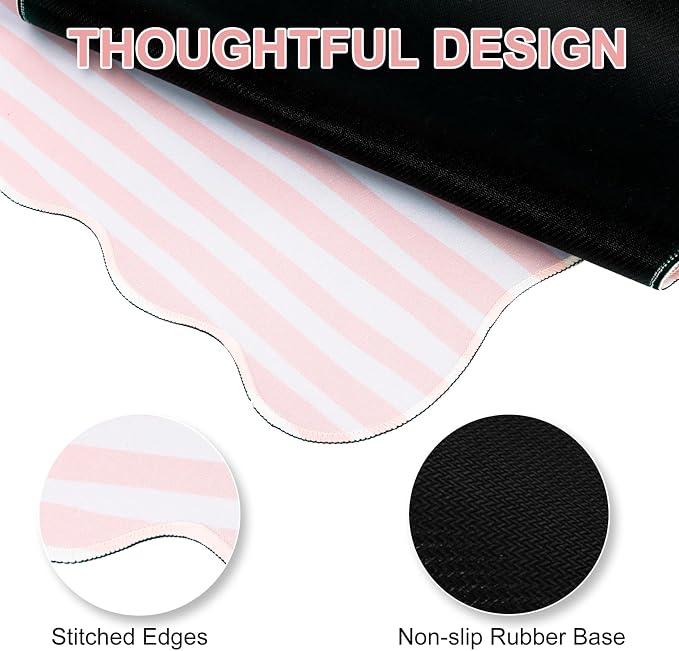 L-SPOUTTO Pink Striped Mouse Pad,Scalloped Desk Mat XXL Large Geometric Gaming Mousepad,35.4x15.7in Non-Slip Rubber Base Keyboard Pad Waterproof Desktop Mat for Laptop Computer Game Home Office