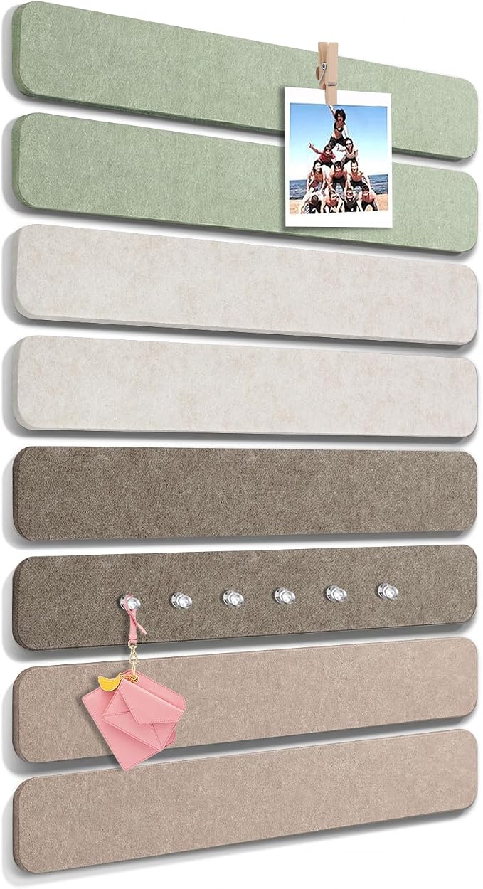 Thboxes 8 Pack Felt Bulletin Board Strips, 13x2 Inch Pin Boards with 50 Pushpins and 10 Wooden Clips Push Pins, Cork Board for Walls Home Office Decor, 24 Adhesive Tabs Included